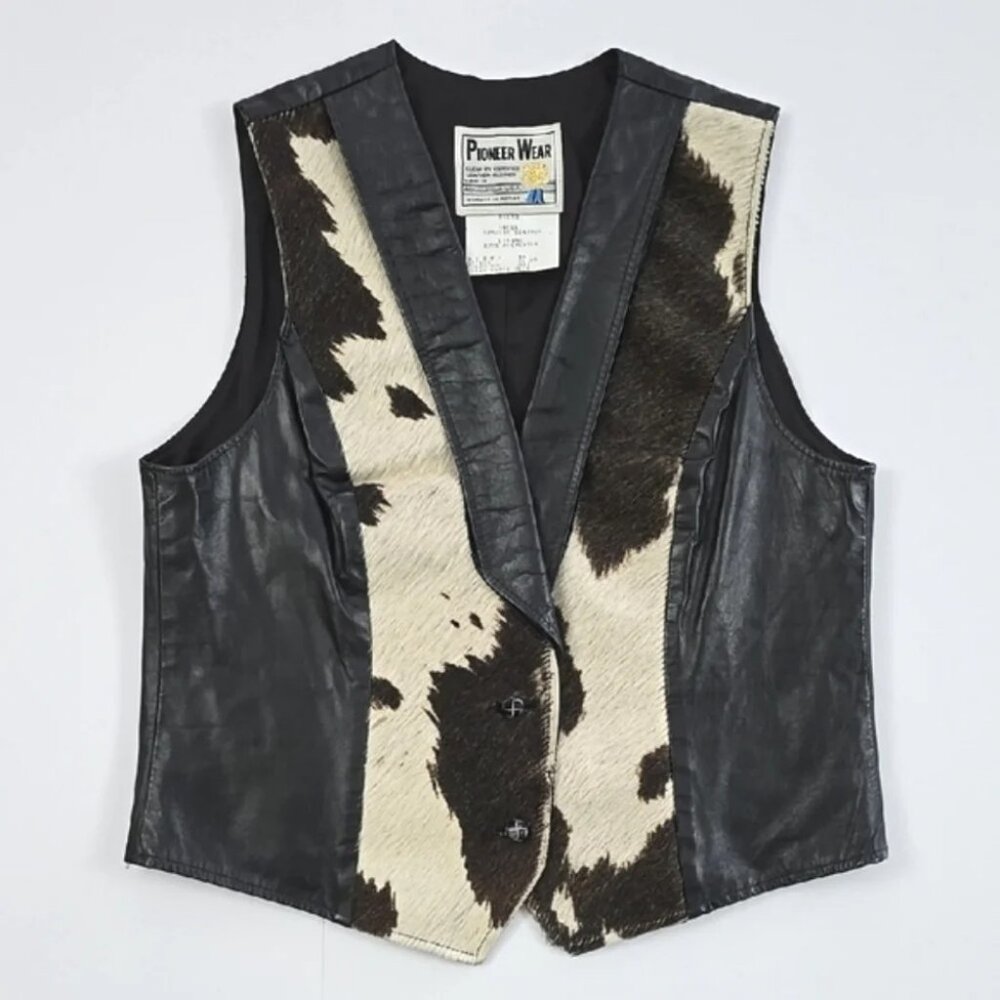Pioneer Wear Vintage Women's Black Leather Cream Cow Hide Western Vest Size 14